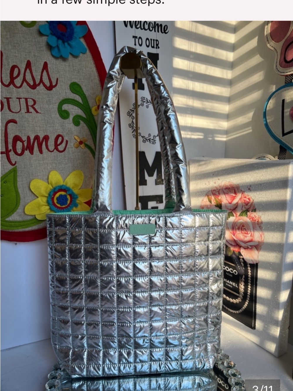 Clinique Like New Metallic Silver Quilted Tote Bag